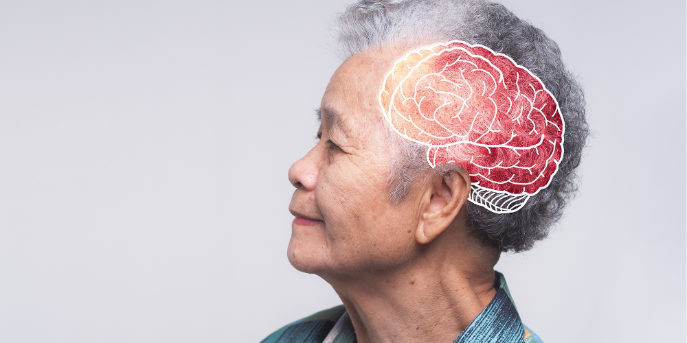 Femme âgée et cerveau illustré sur fond gris.